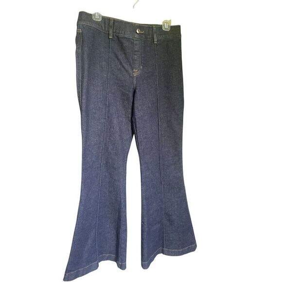 Spanx Wide Leg Flare Dark wash Denim Size Large P.  Retro 70’s - Picture 1 of 15